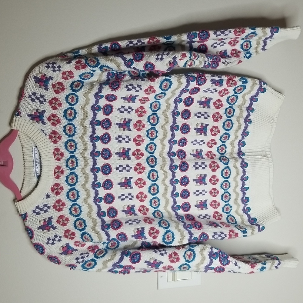 Portraits by northern Isles crewneck hand embroidered drop sleeve sweater NWOT